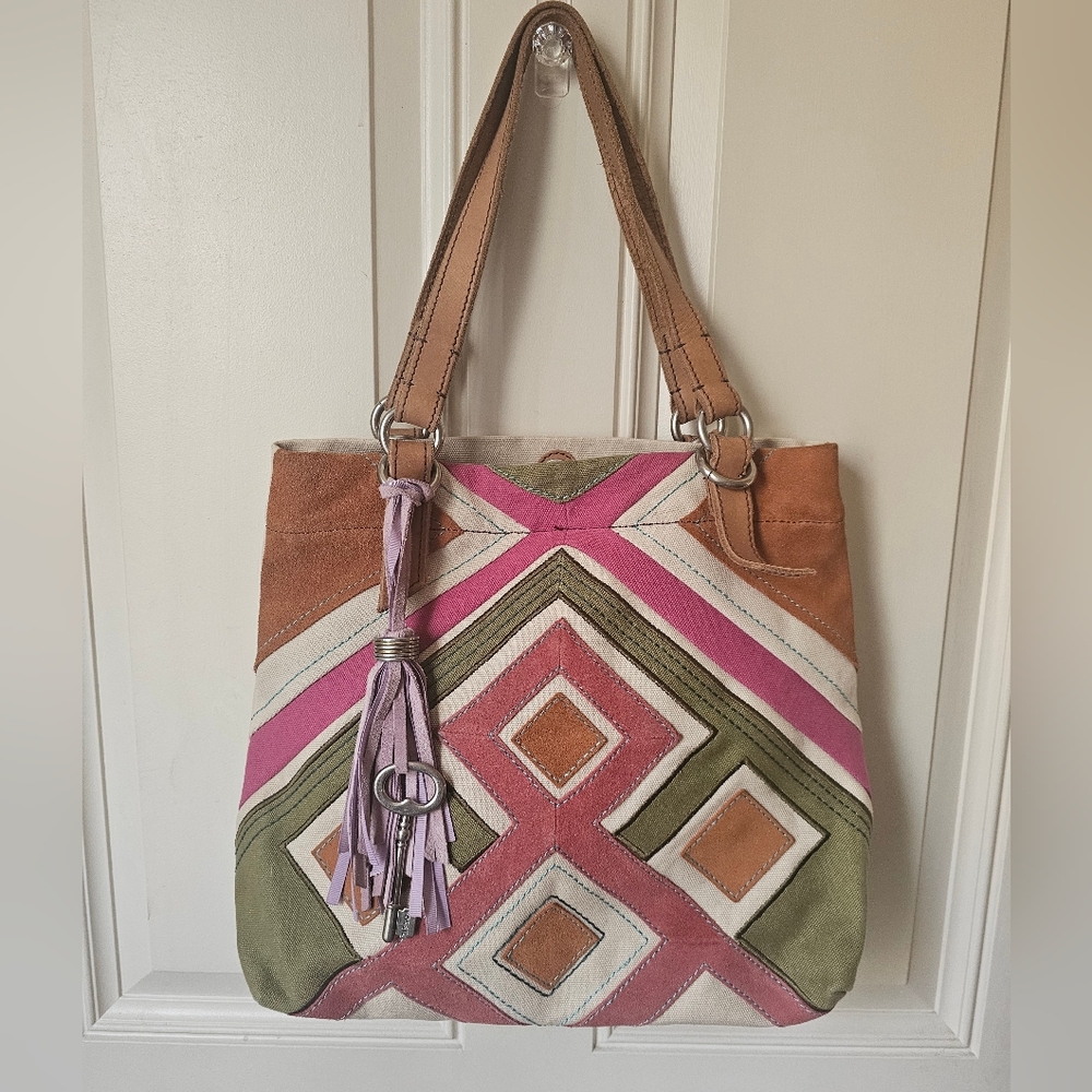 Vtg. FOSSIL "JESSE" Suede & Canvas Embellished Tote 🌳🌻